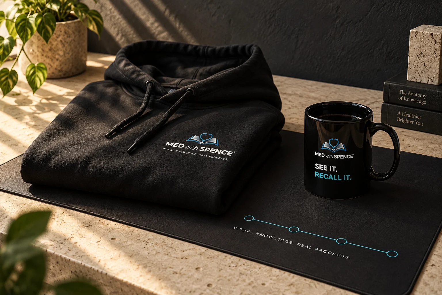 Concept collection: a black Med with Spence hoodie, recall mug and connected desk mat in a sunlit study space